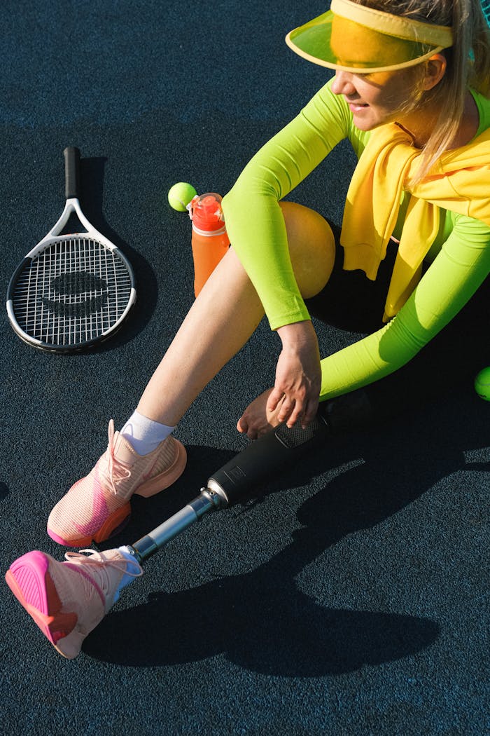 Woman with prosthetic leg sitting on court with tennis gear, exuding vibrant athleticism in neon attire.